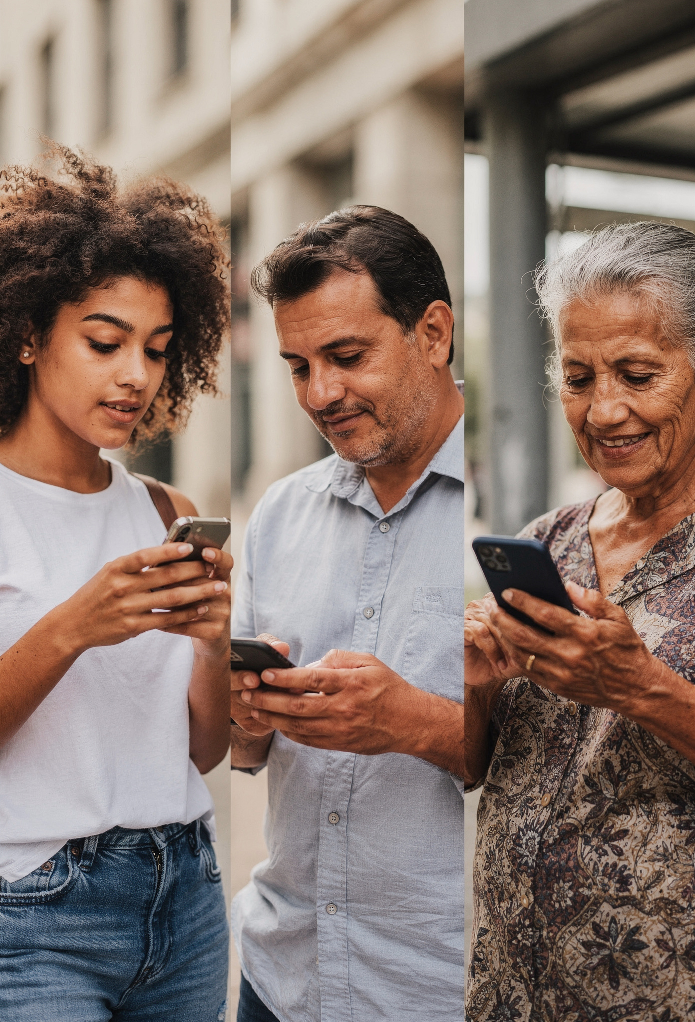 Brasileiros de diferentes idades respondendo pesquisas pelo celular