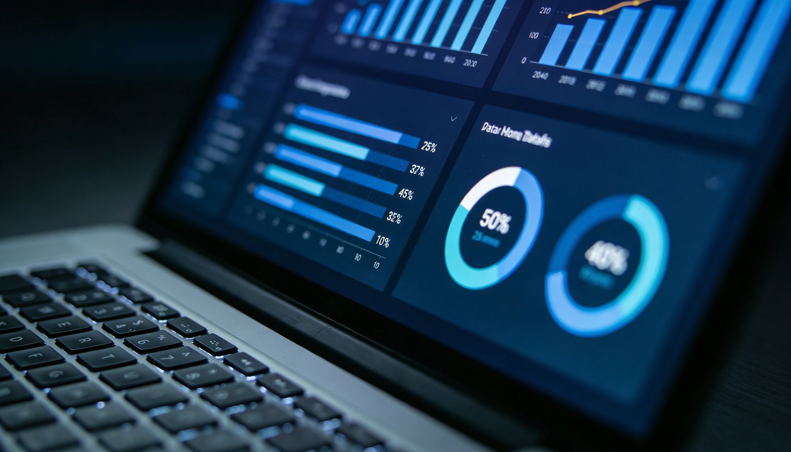 Dashboard de pesquisa em tela de notebook com gráficos de barras e percentuais em tons de azul