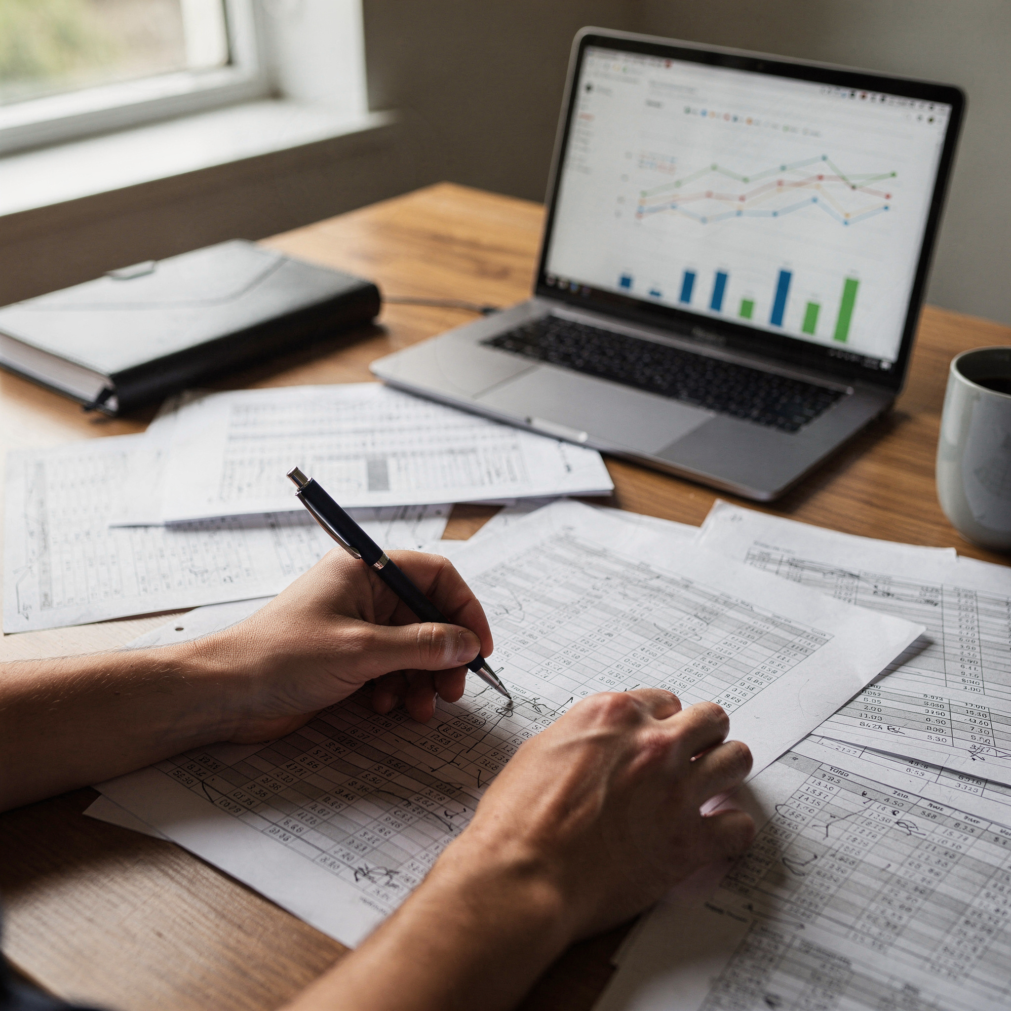 Pessoa analisando planilhas e relatórios sobre uma mesa de trabalho com notebook ao fundo